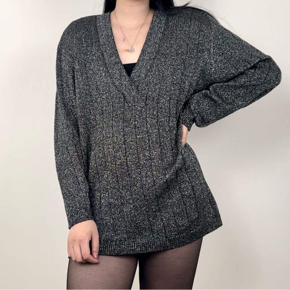 Vintage Grey Sparkly Wool Blend V Neck Long Sweater